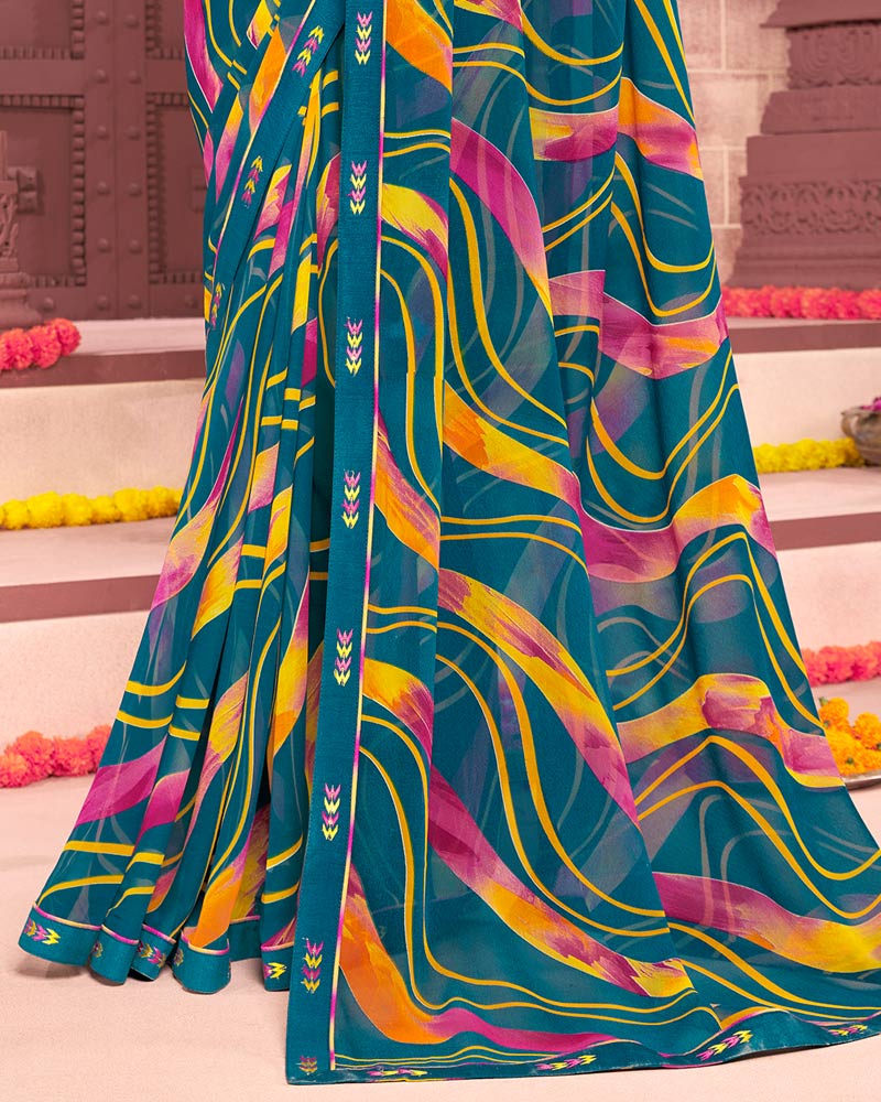 Vishal Prints Peacock Blue Printed Georgette Saree With Fancy Border