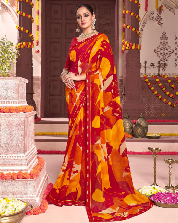 Vishal Prints Dark Red Printed Georgette Saree With Fancy Border