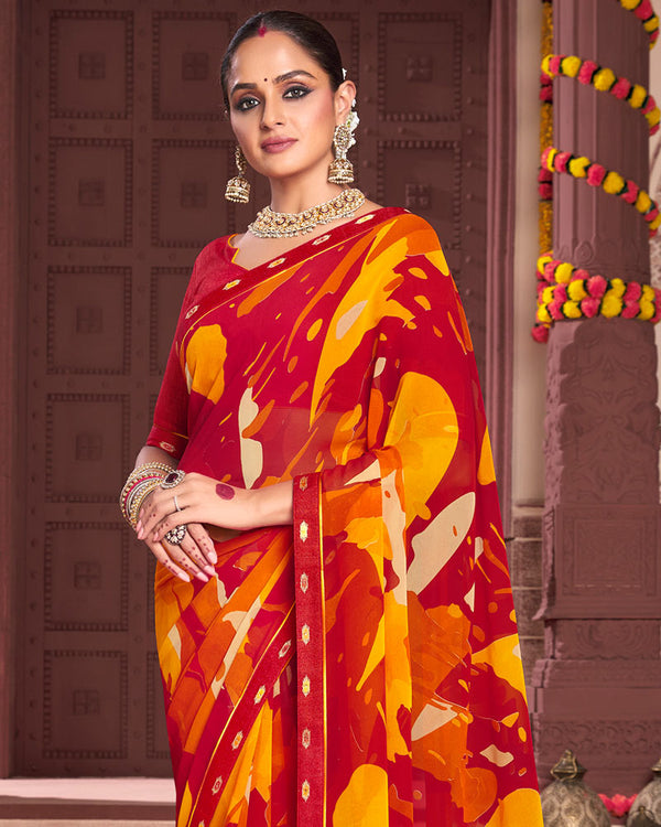 Vishal Prints Dark Red Printed Georgette Saree With Fancy Border