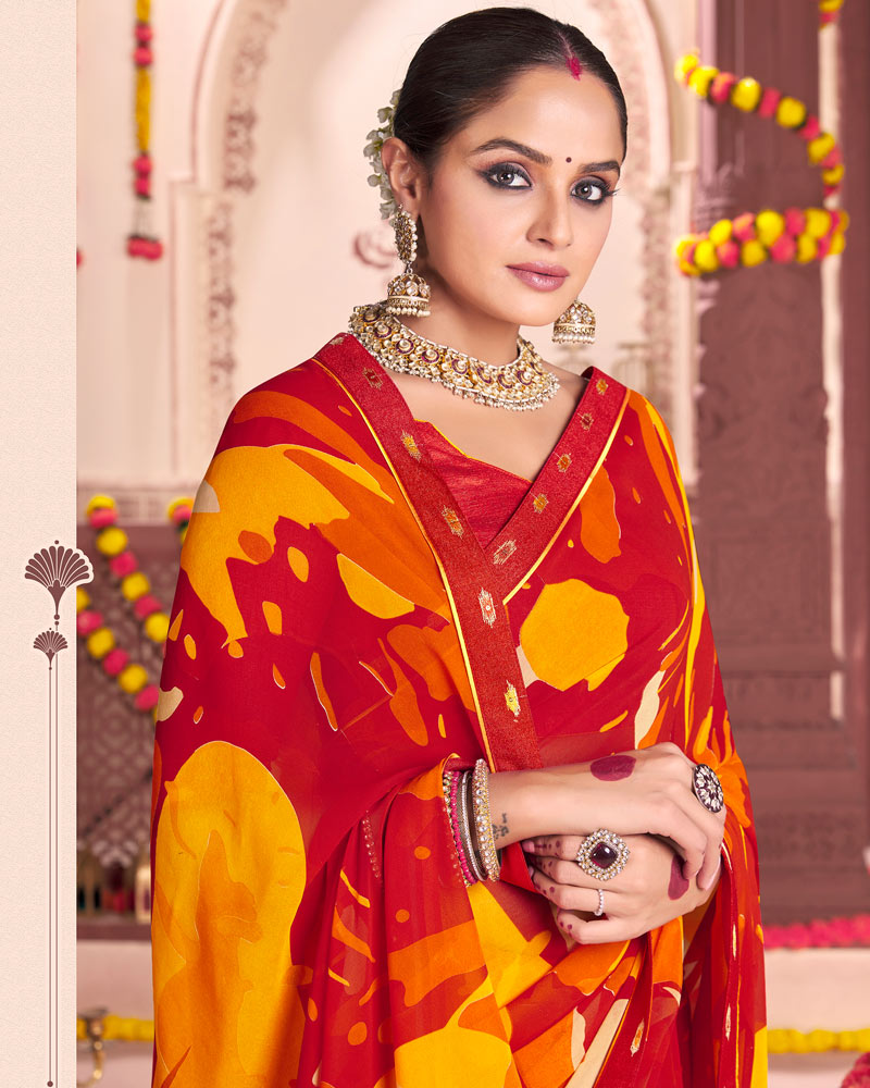 Vishal Prints Dark Red Printed Georgette Saree With Fancy Border