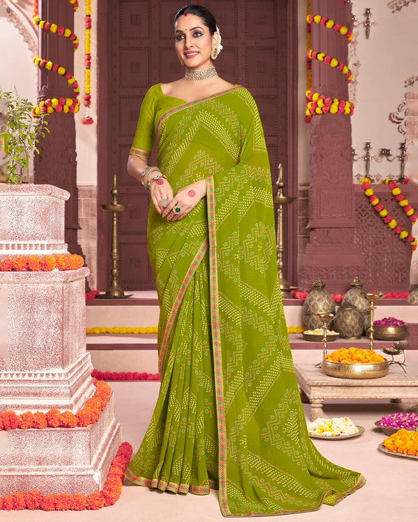 Vishal Prints Mehandi Green Printed Georgette Saree With Fancy Border