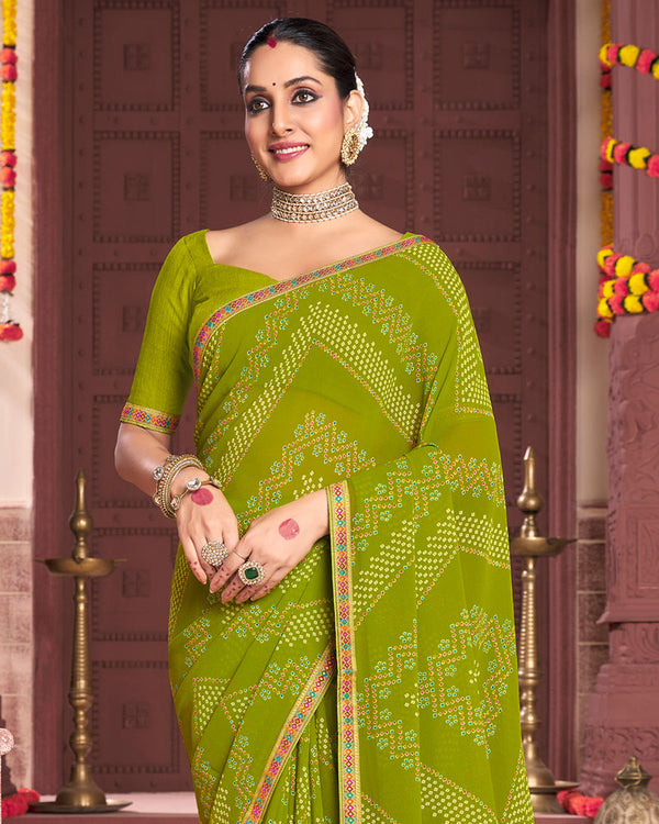 Vishal Prints Mehandi Green Printed Georgette Saree With Fancy Border