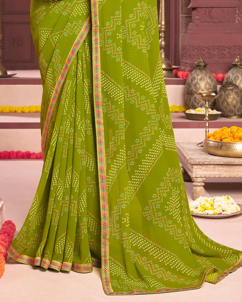 Vishal Prints Mehandi Green Printed Georgette Saree With Fancy Border