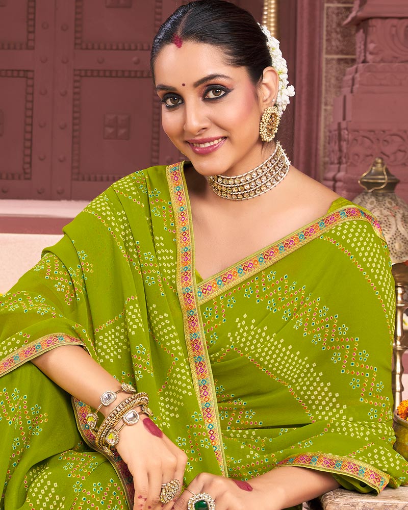 Vishal Prints Mehandi Green Printed Georgette Saree With Fancy Border