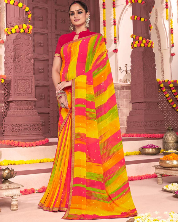 Vishal Prints Red Pink Printed Georgette Saree With Fancy Border