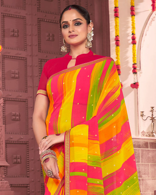 Vishal Prints Red Pink Printed Georgette Saree With Fancy Border
