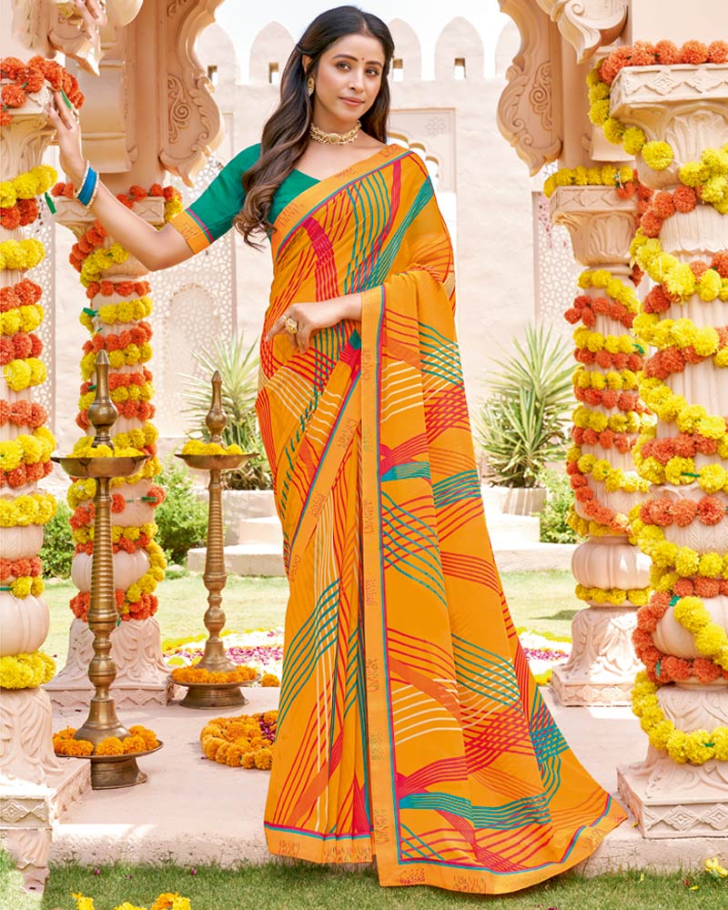 Vishal Prints Carrot Orange Printed Georgette Saree With Fancy Border