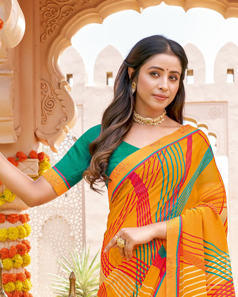Vishal Prints Carrot Orange Printed Georgette Saree With Fancy Border