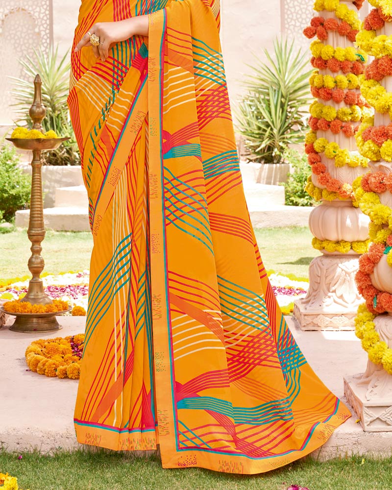 Vishal Prints Carrot Orange Printed Georgette Saree With Fancy Border
