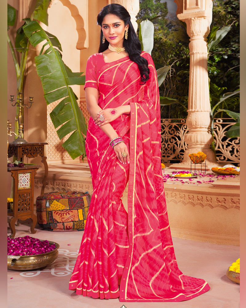 Vishal Prints Red Pink Printed Chiffon Saree With Fancy Border