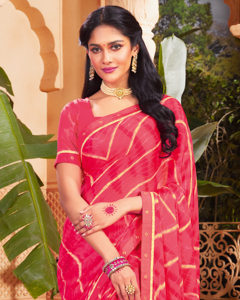 Vishal Prints Red Pink Printed Chiffon Saree With Fancy Border