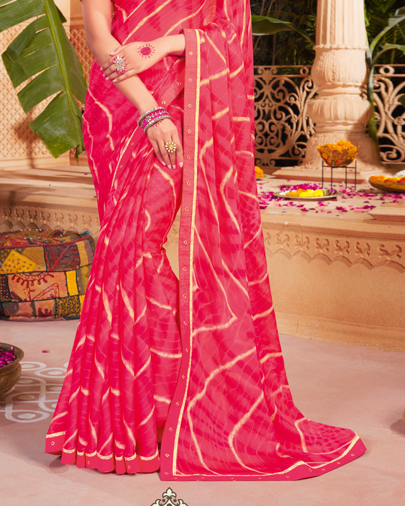 Vishal Prints Red Pink Printed Chiffon Saree With Fancy Border