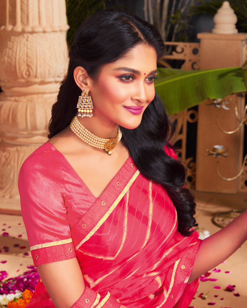 Vishal Prints Red Pink Printed Chiffon Saree With Fancy Border