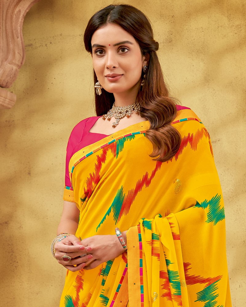Vishal Prints Dark Yellow Printed Georgette Saree With Foil Print And Fancy Border