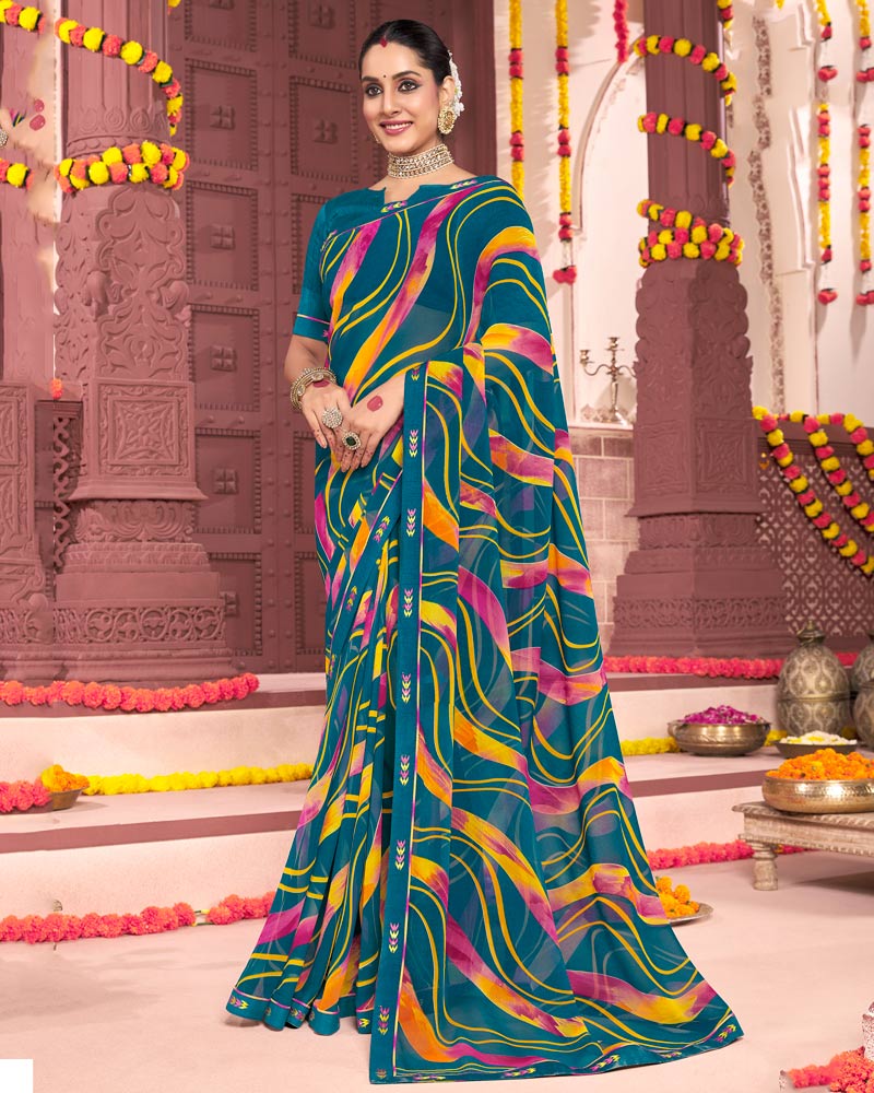 Vishal Prints Peacock Blue Printed Georgette Saree With Fancy Border