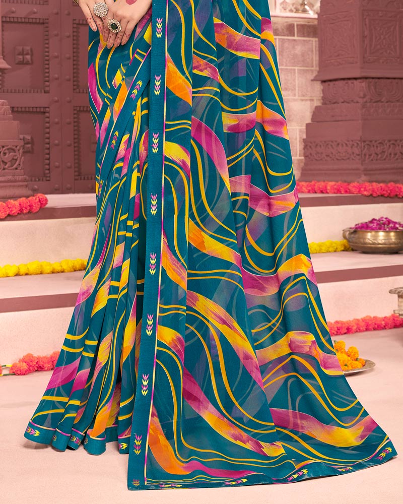 Vishal Prints Peacock Blue Printed Georgette Saree With Fancy Border