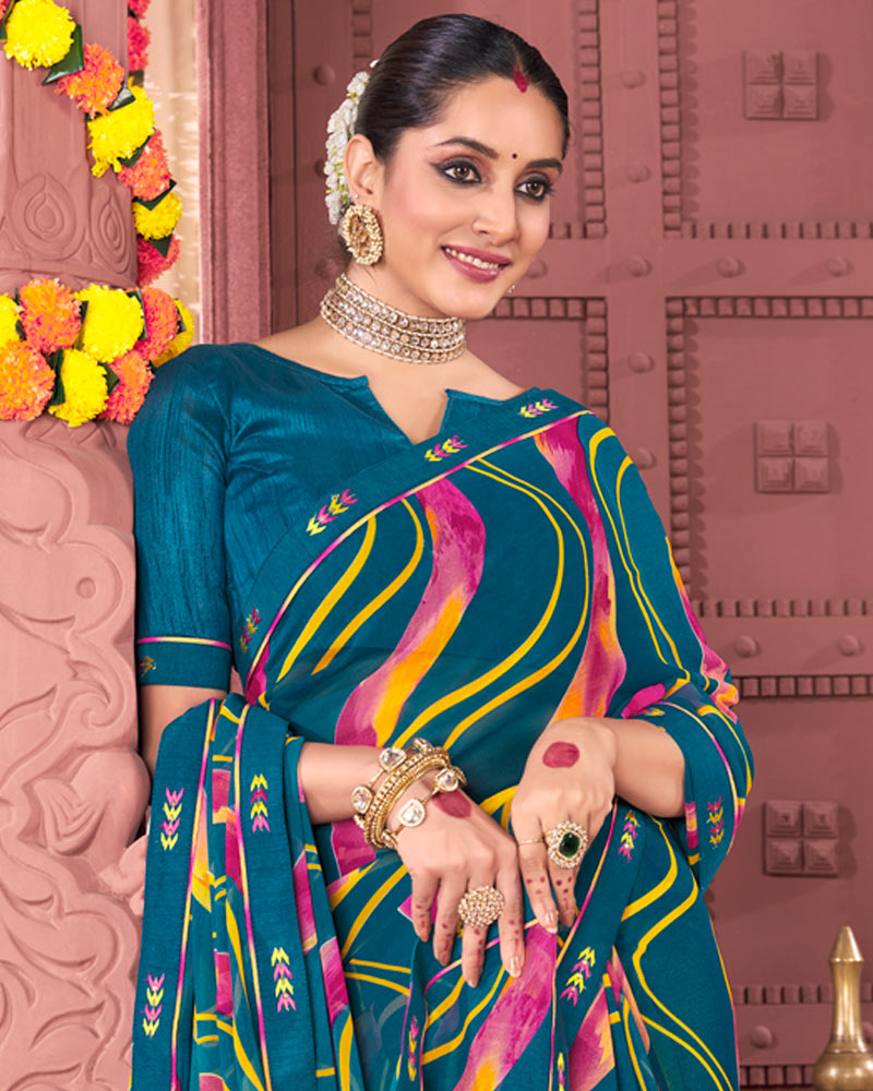 Vishal Prints Peacock Blue Printed Georgette Saree With Fancy Border