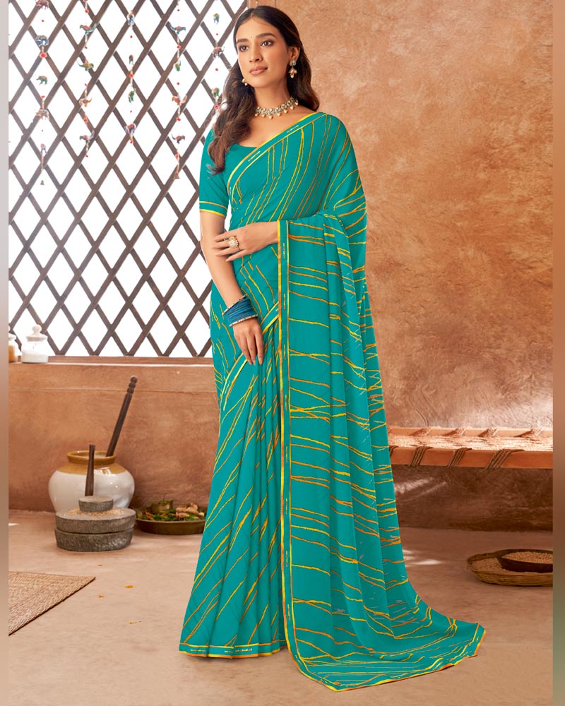 Vishal Prints Teal Blue Printed Georgette Saree With Fancy Border