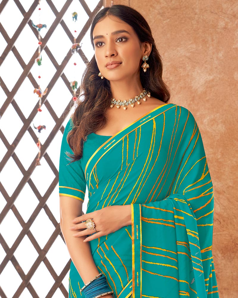 Vishal Prints Teal Blue Printed Georgette Saree With Fancy Border