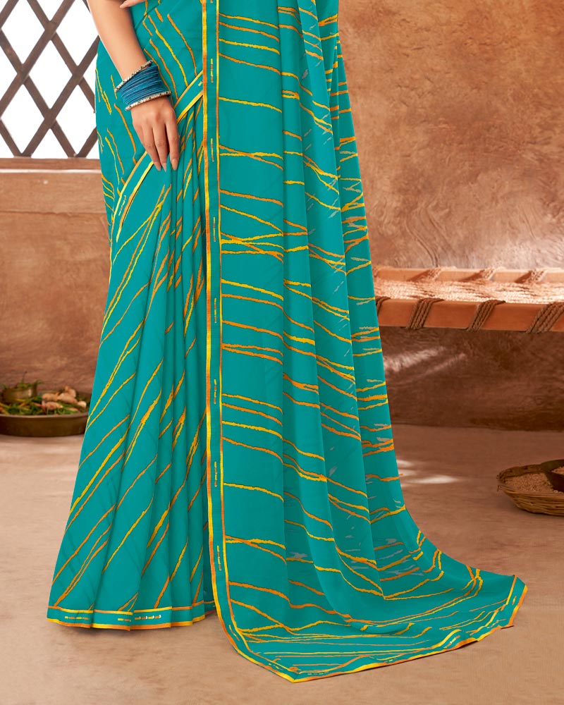 Vishal Prints Teal Blue Printed Georgette Saree With Fancy Border