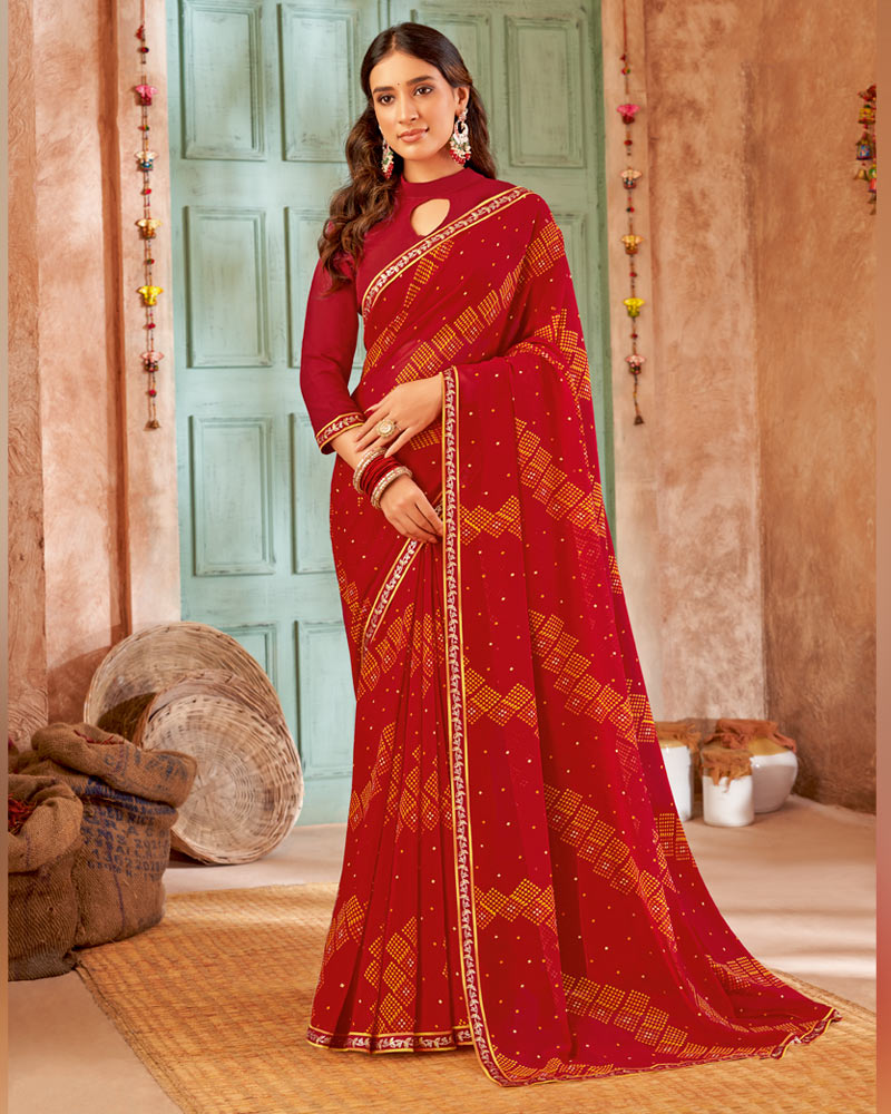 Vishal Prints Dark Red Printed Georgette Saree With Fancy Border