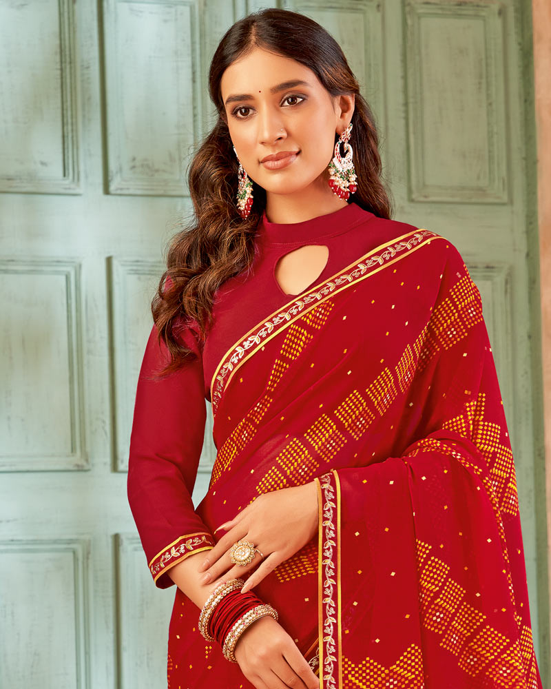 Vishal Prints Dark Red Printed Georgette Saree With Fancy Border