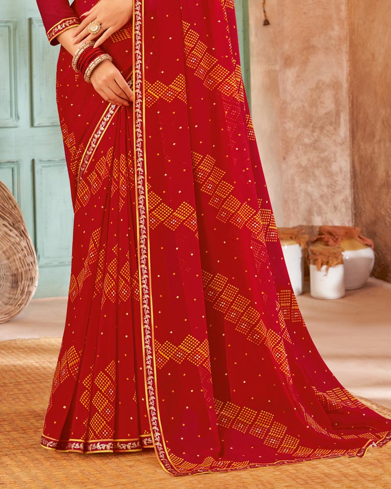 Vishal Prints Dark Red Printed Georgette Saree With Fancy Border