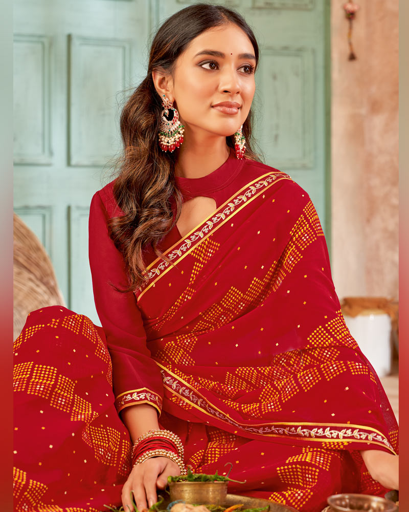 Vishal Prints Dark Red Printed Georgette Saree With Fancy Border