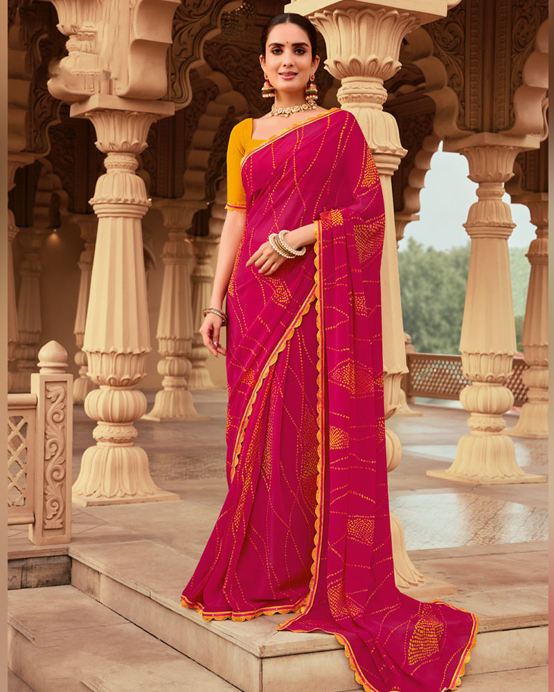 Vishal Prints Pinkish Red Printed Georgette Traditional Print Saree With Cut Work Border