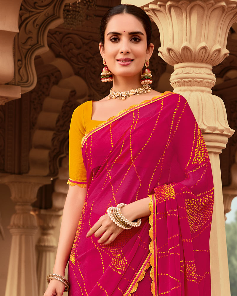Vishal Prints Pinkish Red Printed Georgette Traditional Print Saree With Cut Work Border