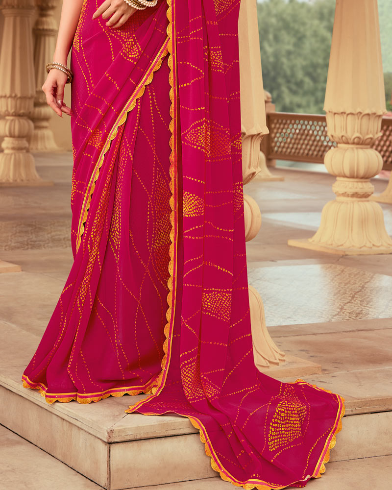 Vishal Prints Pinkish Red Printed Georgette Traditional Print Saree With Cut Work Border