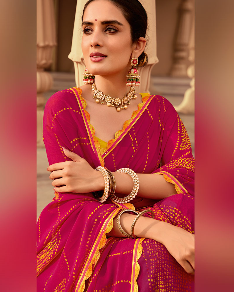 Vishal Prints Pinkish Red Printed Georgette Traditional Print Saree With Cut Work Border