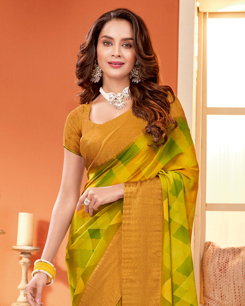 Vishal Prints Olive Yellow Digital Print Brasso Saree With Tassel