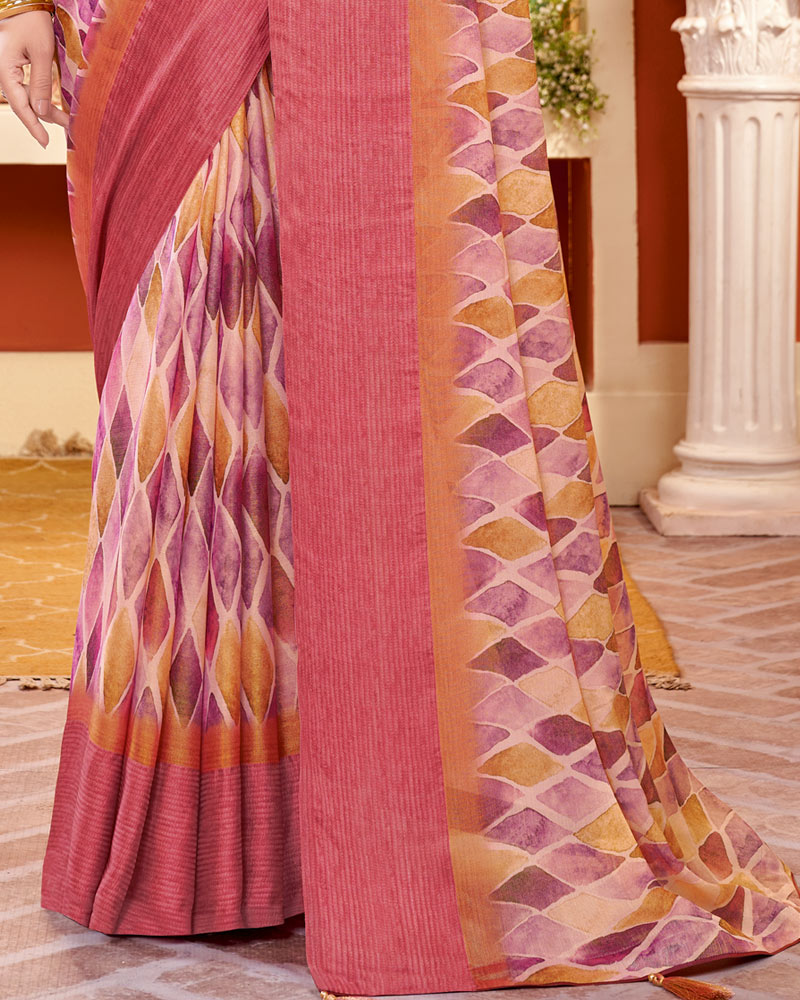 Vishal Prints Cherry Pink Digital Print Brasso Saree With Tassel