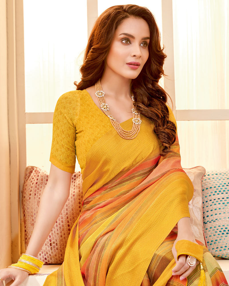 Vishal Prints Dark Yellow Digital Print Brasso Saree With Tassel