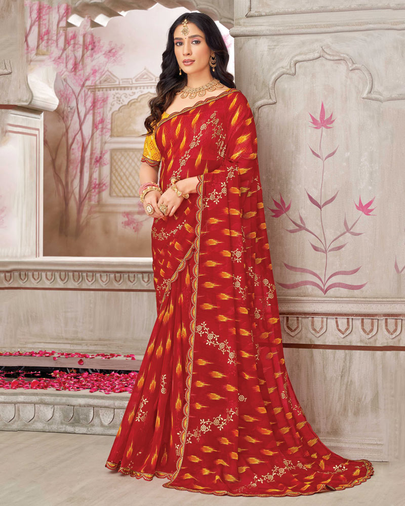 Vishal Prints Cardinal Red Printed Chiffon Bandhani Print Saree With Foil Print And Fancy Border