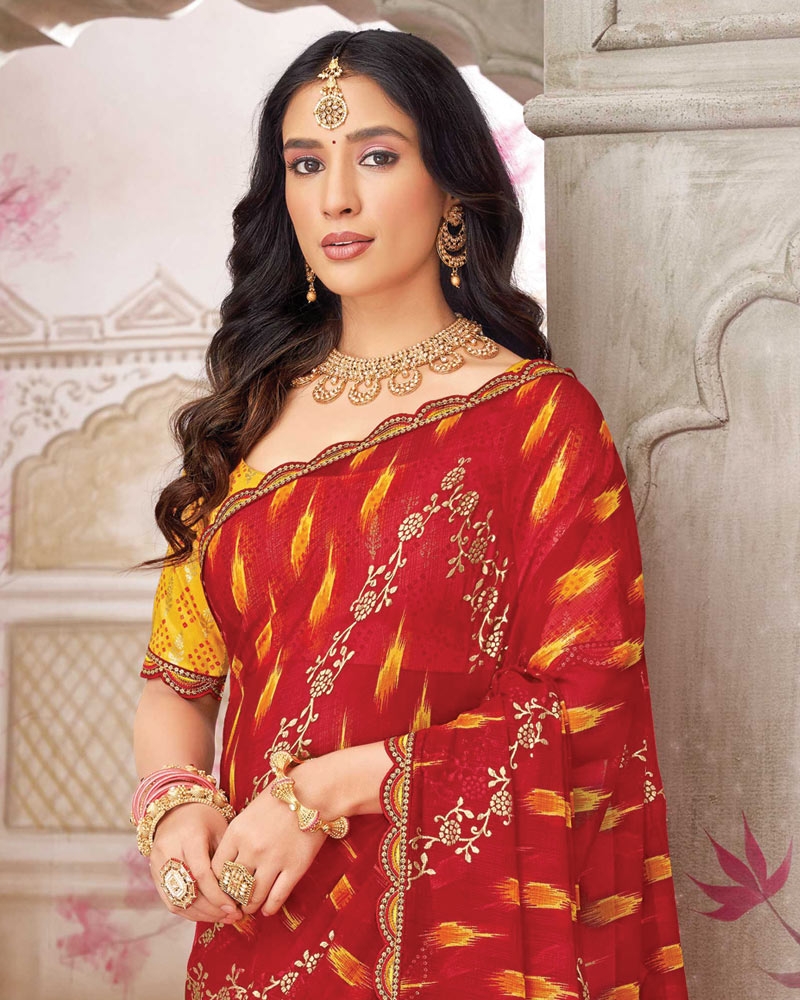 Vishal Prints Cardinal Red Printed Chiffon Bandhani Print Saree With Foil Print And Fancy Border