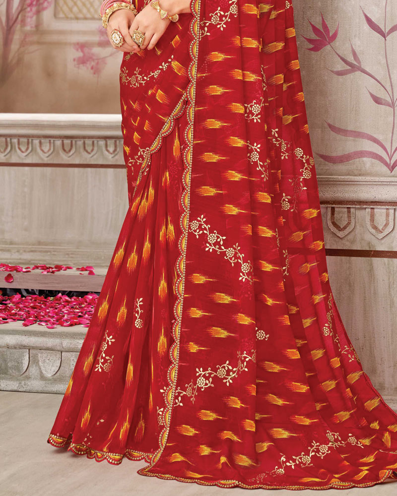 Vishal Prints Cardinal Red Printed Chiffon Bandhani Print Saree With Foil Print And Fancy Border