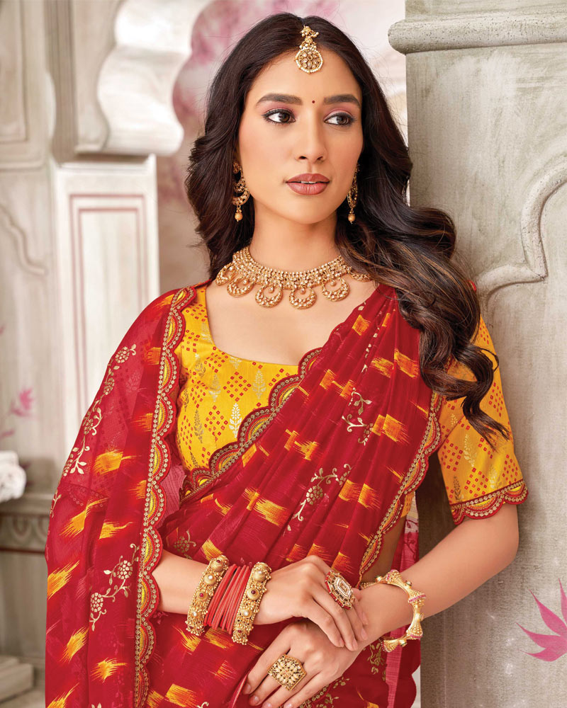 Vishal Prints Cardinal Red Printed Chiffon Bandhani Print Saree With Foil Print And Fancy Border