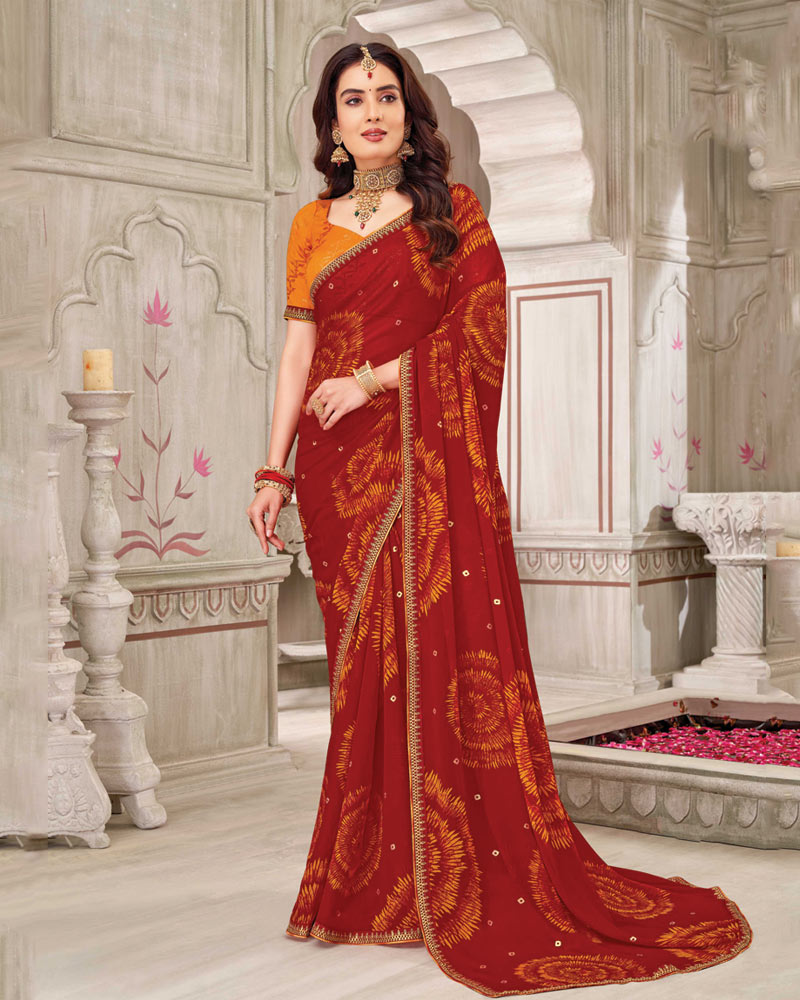 Vishal Prints Brick Red Printed Chiffon Bandhani Print Saree With Foil Print And Fancy Border