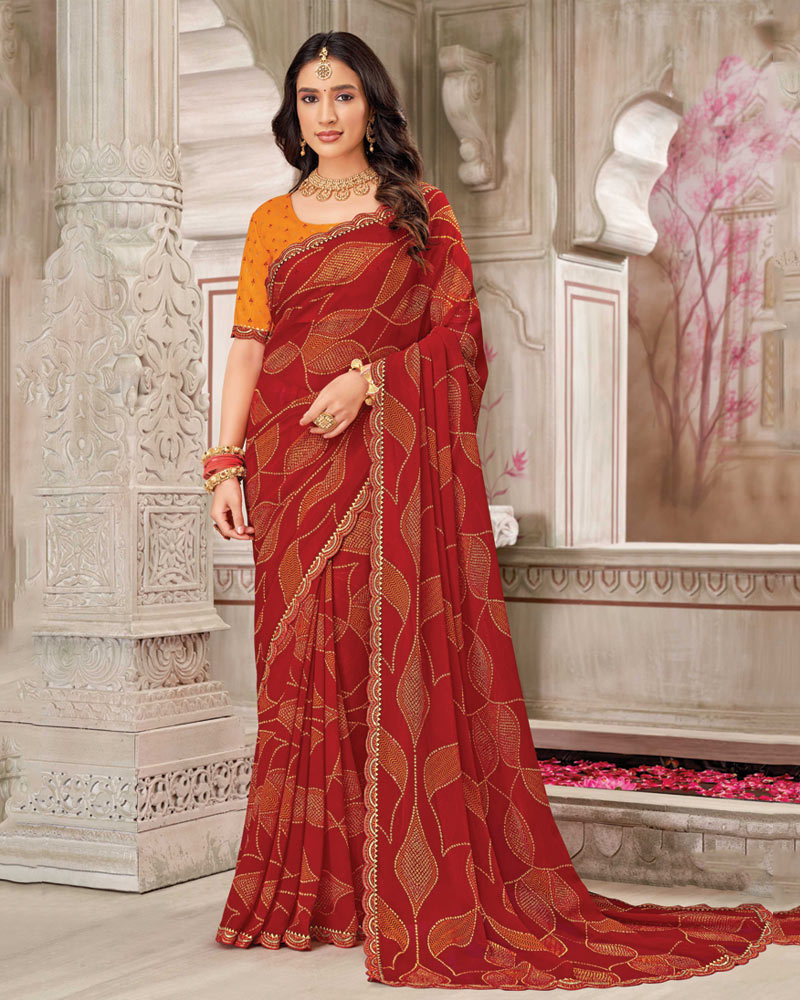 Vishal Prints Chili Red Printed Chiffon Bandhani Print Saree With Foil Print And Fancy Border