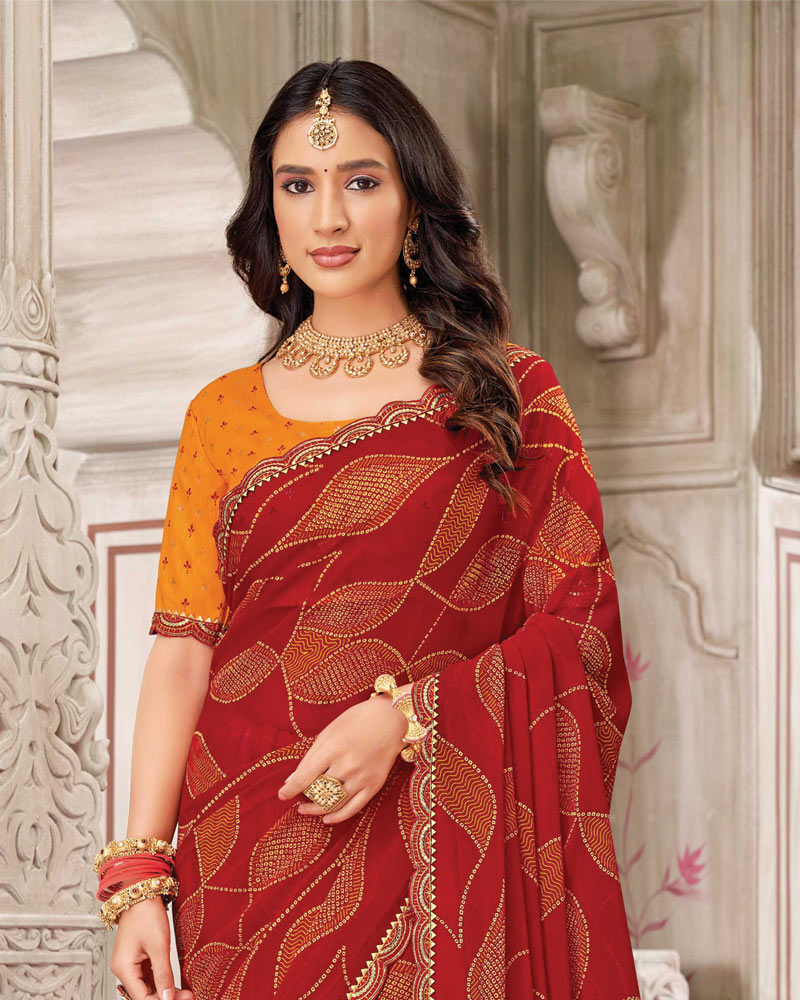Vishal Prints Chili Red Printed Chiffon Bandhani Print Saree With Foil Print And Fancy Border