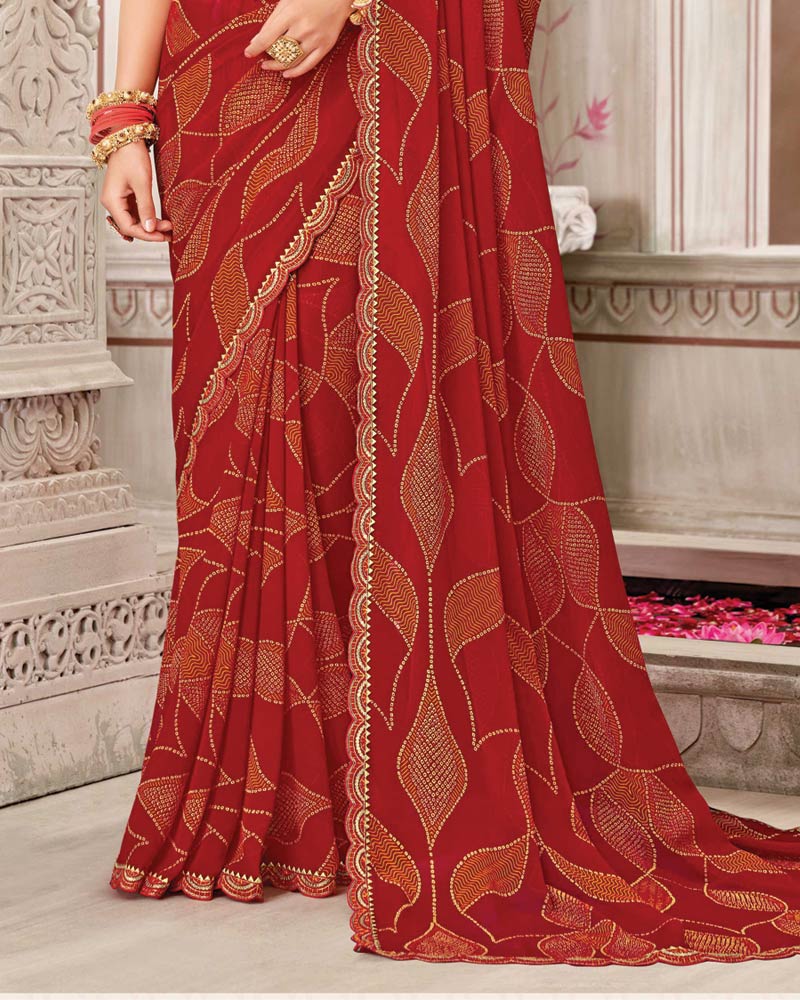 Vishal Prints Chili Red Printed Chiffon Bandhani Print Saree With Foil Print And Fancy Border