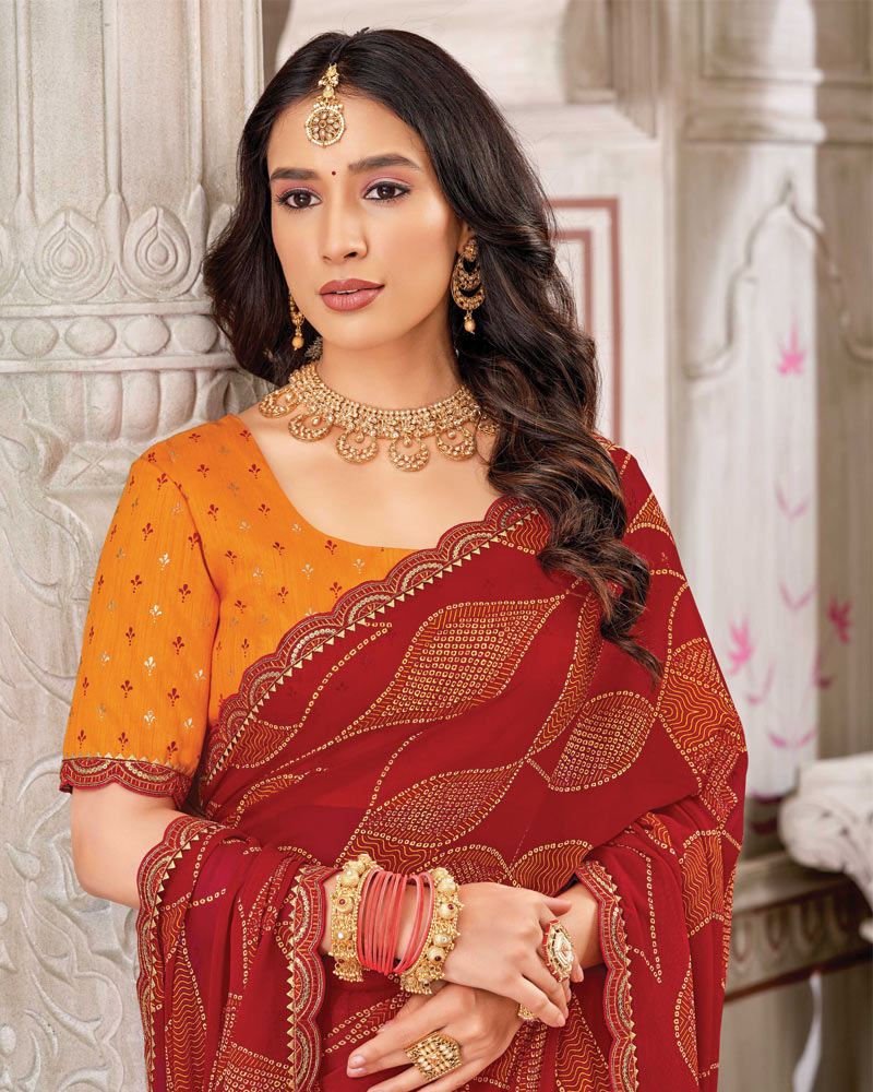 Vishal Prints Chili Red Printed Chiffon Bandhani Print Saree With Foil Print And Fancy Border