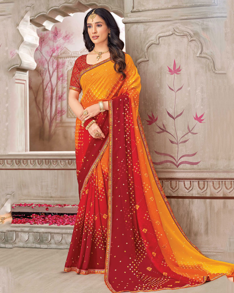 Vishal Prints Deep Saffron Printed Chiffon Bandhani Print Saree With Foil Print And Fancy Border