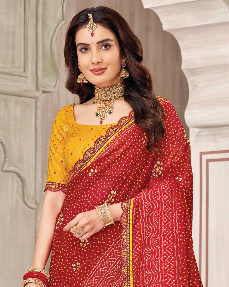 Vishal Prints Carmine Red Printed Chiffon Bandhani Print Saree With Foil Print And Fancy Border