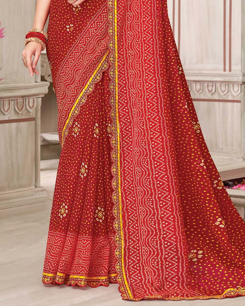 Vishal Prints Carmine Red Printed Chiffon Bandhani Print Saree With Foil Print And Fancy Border