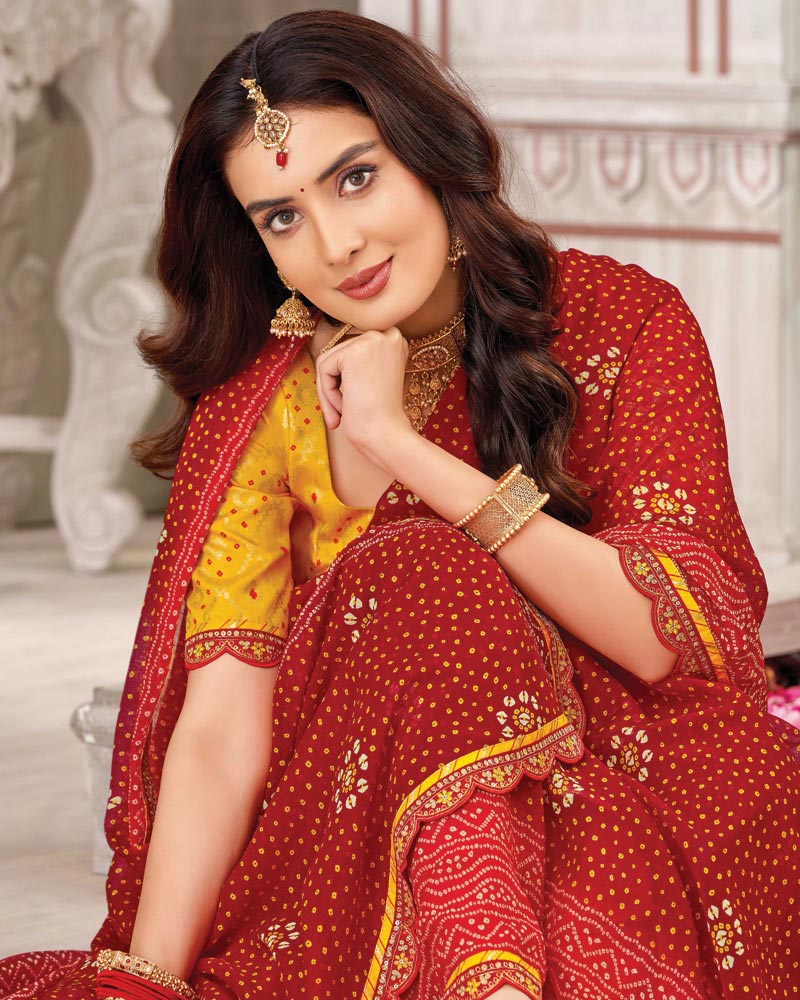 Vishal Prints Carmine Red Printed Chiffon Bandhani Print Saree With Foil Print And Fancy Border