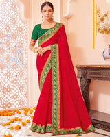 Vishal Prints Cherry Red Chiffon Saree With Zari Border