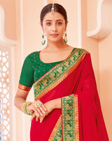 Vishal Prints Cherry Red Chiffon Saree With Zari Border